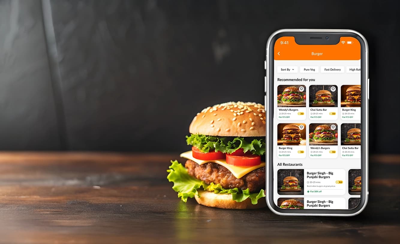 ReadyEats App – Burger Restaurant Ordering Screen